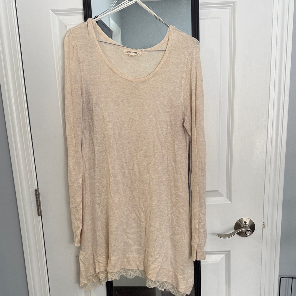 Pink Rose Cream Lace Hem Tunic